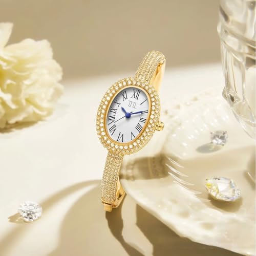 Image of TAKSH Jewels Elliora Luxe | Diamond-Encrusted Gold Bangle Watch | Roman Numeral Oval Dial