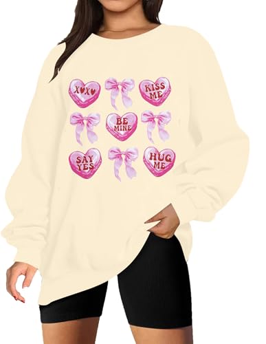 Image of KIMSOONG Valentines Day Love Heart Sweatshirt Women Bow Graphic Long Sleeve Shirt Casual Valentines Gifts Pullover Tops