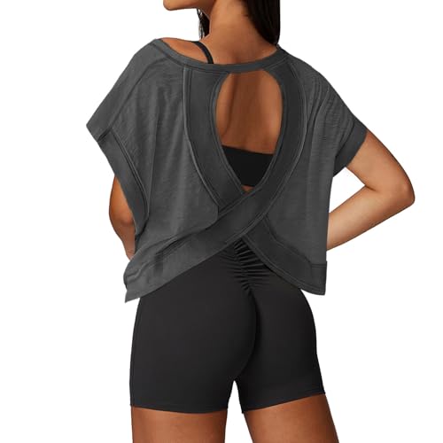 Image of UNIANKIYA Open Back Workout Tops for Women Loose Fit Athletic Crop Tee Short Sleeve Gym Running Yoga Shirt