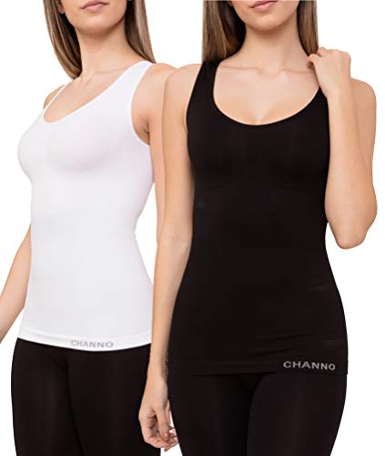 Pack de 2 Camisetas Interiores Reductoras con Tirantes Anchos sin Relleno Cómodas y Elásticas Seamless Sin Costuras (Blanco Negro, XL/XXL)