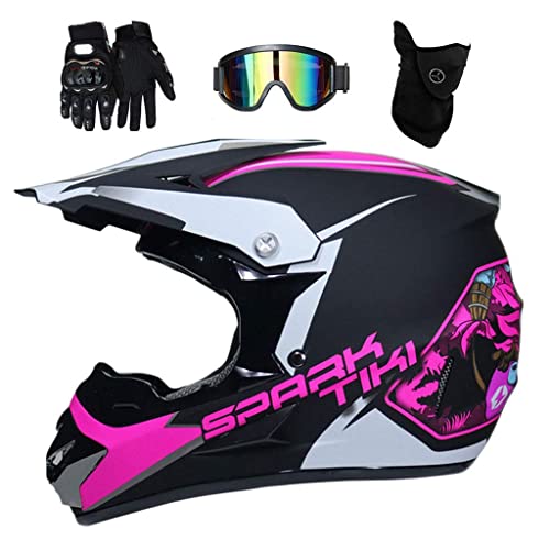 Juventud Doble Deporte Casco de Motocross, con Gafas Mascarilla Guantes, Unisexo Integral MTB Fuera de La Carretera Moto ATV Scooter Chocar Casco, Downhill Enduro Quad Dirt Bike Casco(Pink,S/52 53CM)