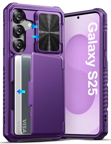 ATATOO for Samsung Galaxy S25 Case, Built-in Card Holder (Store 3-5 Cards) & Slide Camera Cover & RFID Blocking, Military Grade Protection, Hard Wallet Phone Case for Samsung S25 6.2', Dark Purple