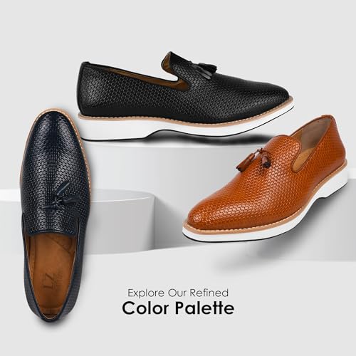 LIBERTYZENO Mens Tassel Knitted Print Manmade Leather Adults Noble Penny Loafers Slip On Shoes for Prom Graduation4