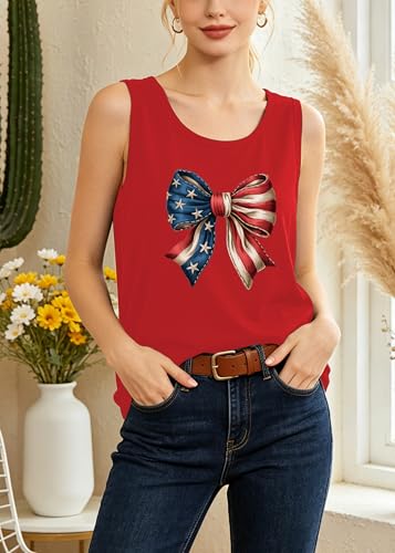 Image of 4th of July Bow Tank Top Women-Vintage American Bow Sleeveless Shirt USA Flag Tee Top Patriotic Tank Top