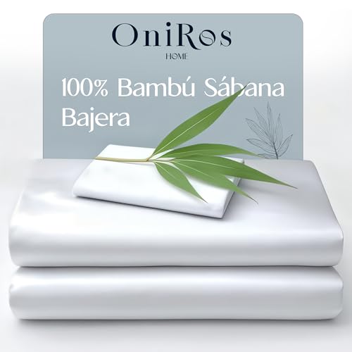 ONIROS Home Sabana Bambu Bajera Ajustable de135x190/200 ORGÁNICA SATÉN de 300 Hilos, Sabana Bajera 135x190 Antiacaros, Hipoalergénica, Sábanas 300 Hilos Termorreguladora (Bed Sheets, Blanco)