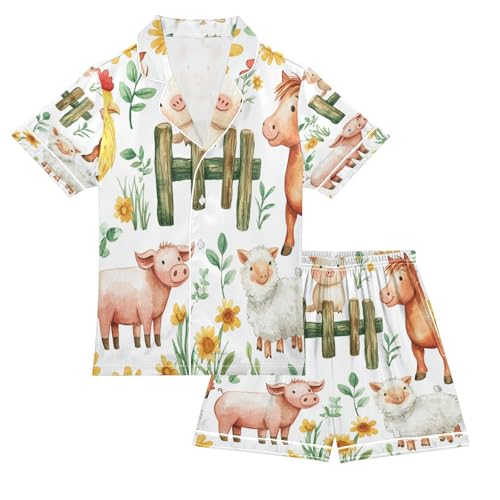 Satin Pajama Sets Short Sleeve Farm Animals on Fence Button Down Silky Nightwear 2 Piece PJS 5-14Y