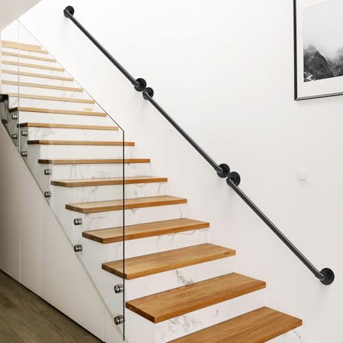 Industrial Pipe Stair Handrail, 3 Pack 3.2 FT Pipe Stair Hand Railing Wall Mounted Handrails for Indoor Stairs Hand Rails for Outdoor Steps Handrail Grab Bar Bracket, Black
