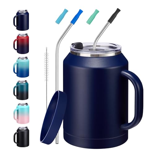 Image of 50 oz Mug Tumbler with Handle and Straw - 2-in-1 Lid, Insulated Metal Iced Coffee Thermal Cup, Stainless Steel Water Mugs, Double Wall Vacuum Water Cups Keep Cold-36H Hot-24H, 50oz Large Flask Jug