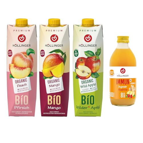 Hollinger Bio Premium Pack Mixte, Jus de Fruits Biologiques, Pêche, Mangue, Pomme Sauvage, 3x1L, Plus Boisson Immun+ Gingembre 330ml