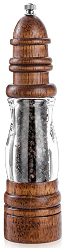 Wood Pepper Grinder Mill, Manual Salt And Pepper Mills Refillable With Visible Window, Pepper Shakers, Salt Mill, Adjustable Coarseness Fine To Coarse, 8.6 Inches (1 Pack) #TOP12