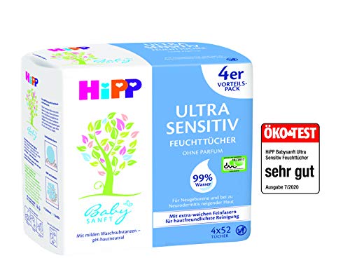 HiPP Lingettes humides Babysanft Ultra Sensitive, blanches, (4 x 52 pièces)