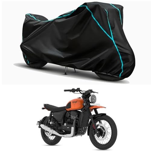 Image of Waterproof Bike Body Cover Compatible for | Yezdi Scrambler Dual | Taffeta Fabric, Sky Piping Design, Bottom Elastic Fit | Dustproof, Sun UV & Rain Protection for All Weather.