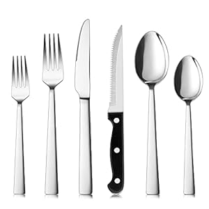 Herogo Bestekset, 36-delig, roestvrij staal, met steakmes, zilveren bestekset voor 6 personen, elegante messen, vork, lepelsets voor thuis, restaurant, vaatwasmachinebestendig en roestvrij