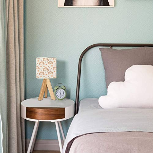 Tripod Bedside Desk Table Lamp Cute Boho Rainbow Seamless Sun Hearts Stars Terracotta Brown Peach For Wood Nightstand Lamp With Linen Fabric Shade For Nursery Bedroom Living Room Kids Room #TOP2