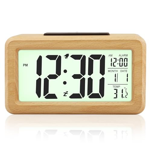 Ayybboo Wecker Digital,Wecker Holz mit Großer Anzeige,Automatischer Lichtsensor,Datums,Temperaturanzeige, Batteriebetrieben Tischuhr(Alkalibatterien...
