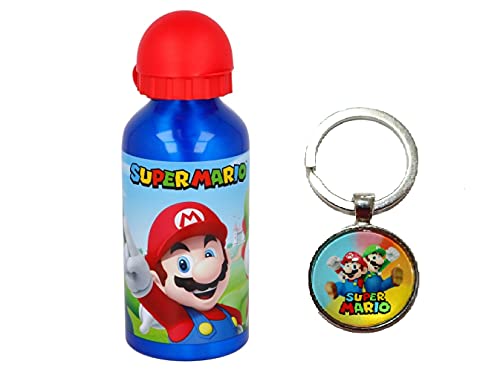Super Mario Characters - Botella deportiva de aluminio de 400 ml, para vacaciones, regreso a la escuela, agua para beber, almuerzo, niños, incluye llavero Super Mario Cover