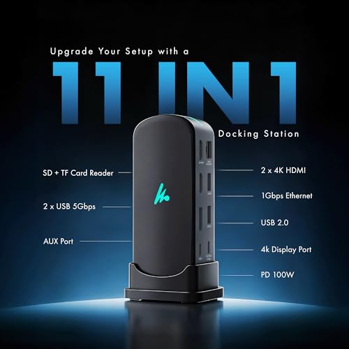 Image of Type C 11 in 1 Wozoyo Docking Station, PD 100W, 2X4K@60Hz HDMI, 4K DisplayPort,2XUSB 5Gbps, 1 Gigabit Ethernet, SD /TF,AUX Port, Universally Compatible Thunderbolt 4, macOS, Windows, Android & iOS