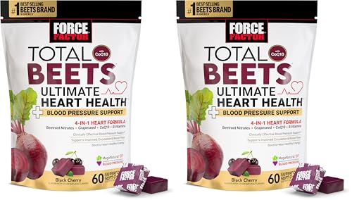 Image of Force Factor Total Beets Ultimate Heart Health Chews for Blood Pressure Support, with Beetroot Powder,CoQ10,B Vitamins & Grapeseed Extract for Blood Flow&Energy, Black Cherry,60 Soft Chews,(Pack of 2)