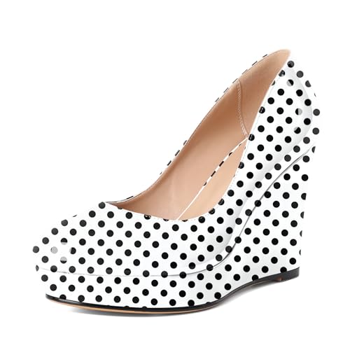 Joseywade Wedges Heels for Women Platform Heel Closed Round Toe Heels Pumps Slip On Wedge High Heel Shoes 4 Inch for Work Office Party Wedding Polka-Dot US Size 8.5