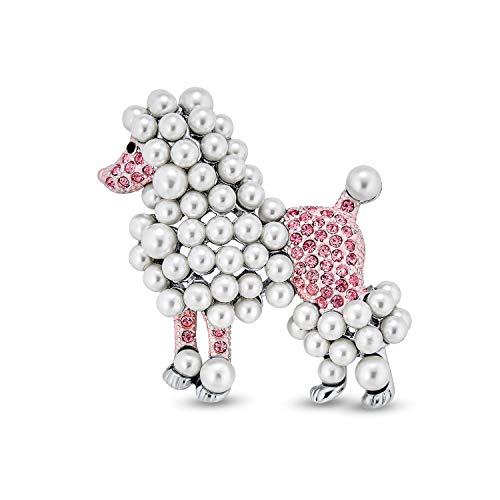 Broche de caniche para mujer con cristales y perla rosa