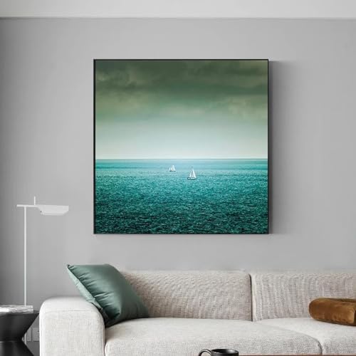 Pintura en lienzo de paisaje abstracto con diseño exclusivo de velero en verde esmeralda 3