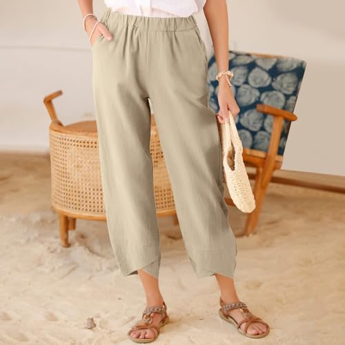Capri Pants for Women Summer High Waisted Baggy Pants Wide Leg Linen Pant Casual Ankle Length Trouser Slacks with Pockets4