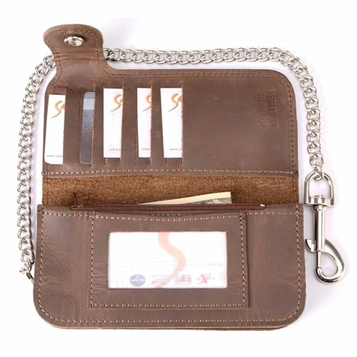 Milwaukee Leather MLW7829 Men's 7" Brown Leather Bi-Fold Biker Wallet w/Anti-Theft Stainless Steel Chain and Buffalo Nickel Snap - 7 Inch4