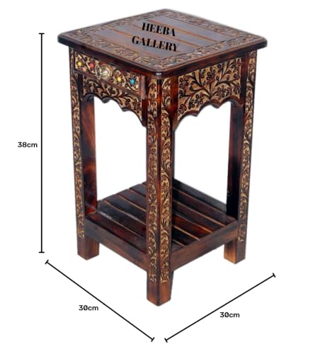 Image of Wooden Stool-Natural Wood Antique Look Side Table with Two Drawer for Living Room (Brown, 14 x 14 x 21 inch) || AS(2D) (Square Stool)