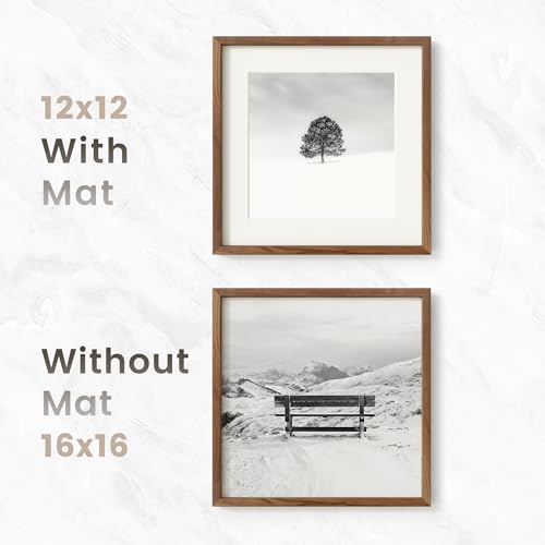 Image of 16x16 Picture Frame, USA-Sourced Natural Walnut Wood Photo Collage Frame with HD Tempered Glass, Modern Simple 16 x 16 Wooden Frame Matted to 12x12, Gallery Wall Frames for Art