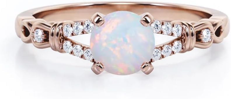 White Opal Engagement Rings for Women Center 1 CT Brilliant Round Cut Opal Ring with Moissanite in 10K 14K 18K Gold October Birthstone Rings for Her