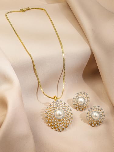 Image of Rubans Pendant Necklace Set American Diamond and Zirconia Gift Jewellery for Women & Girls