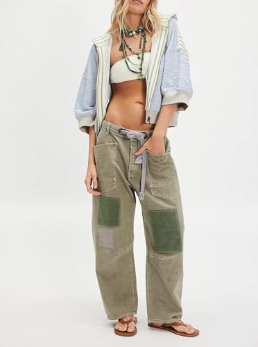 Mxiqqpltky Drawstring Barrel Jeans Women Low Rise Patchwork Y2k Mom Jeans Wide Leg Baggy Boyfriend Denim Pants Streetwear3