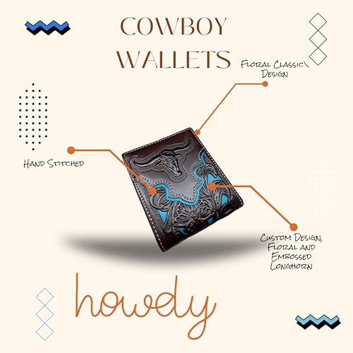 Urbalabs Mens Wallet Floral Longhorn Embossed Cowboy Western Leather Wallet High End Cut Out Layered Leather Style Mens Wallets Leather Bull Rider Rodeo Gifts For Men (Coffee & Teal)4