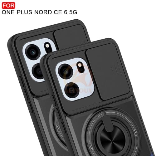 Image of OnePlus Nord CE 6 5G Back Cover | Armor Camera Slider 360 Degree Rotating Finger Ring Holder Case with Bracket Stand Back Case Cover (Compatible with MagSafe Accessories) (Black)