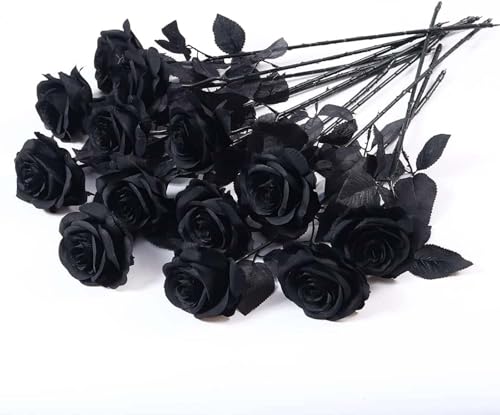 Laelfe 12 PCS Artificial Flowers Black Roses, Fake Silk Flower Long Stem Artificial Rose for Halloween Home Wedding Party Decorations(Black)