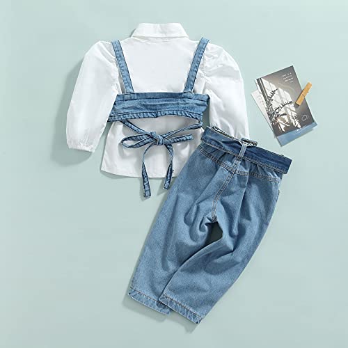 Wallarenear Toddler Baby Girl Long Sleeve Button Up Lapel Shirt + Denim Halter Crop Tops + Ripped Jeans Clothing Sets (White Blue, 2-3 Years) #TOP6