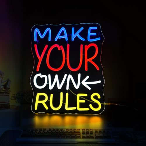 Image of Make Your Own Rules Neon Sign, JGHTURIE Neon Signs for Wall Decor White Light Up Sign Game Room Office Bar Party Led Sign Decor, USB Powered