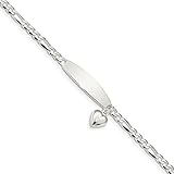 Solid 925 Sterling Silver Engravable Identification Name Bar Tag Figaro ID Heart Dangle Bracelet - with Secure Lobster Lock Clasp 7.5' (Width = 3mm)