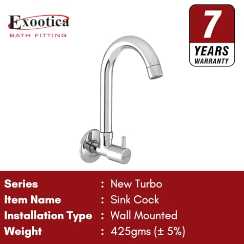 Image of Chrome Finish Silver Sink Cock | Wall Mounted Faucet for Kitchen & Utility Use - Sleek & Durable Design - NEW Turbo