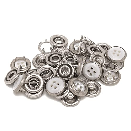 PRYM Snap Poppers Fasteners Prong Ring Press Studs Pearl Cap with 4 Hole for Shirt, Kids Wear, Custom Clothing DIY Crafts Projects, 12mm, Silver & White, 20pcs Set