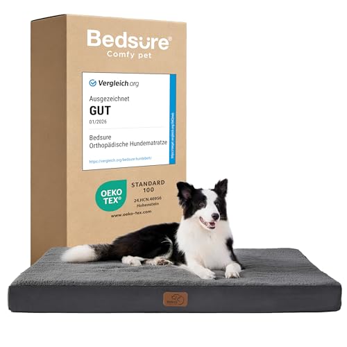 BEDSURE orthopädisches Hundebett Grosse Hunde - 112x81x7.6cm Hundekissen flauschig Hundematte waschbar Hundematratze in dunkelgrau für große Hunde