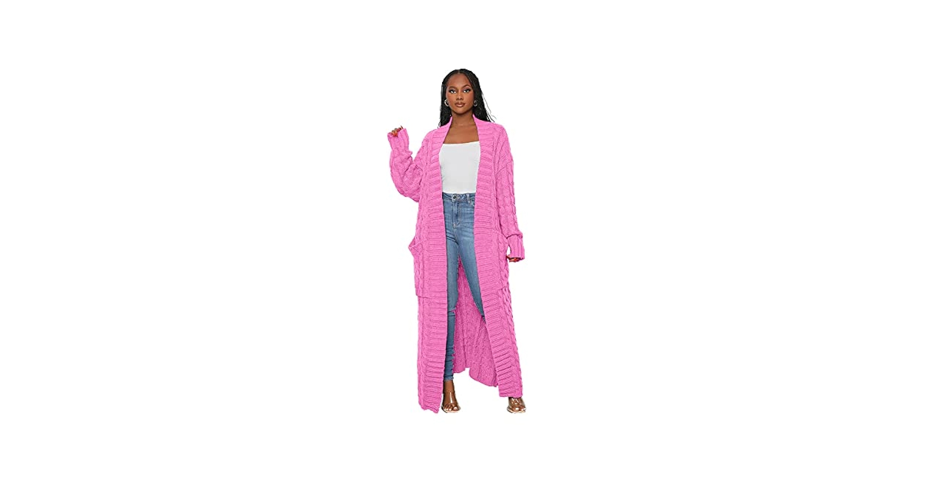 Stylish Cable Knit Dual Pocket Cardigan,Yellow Extra Long