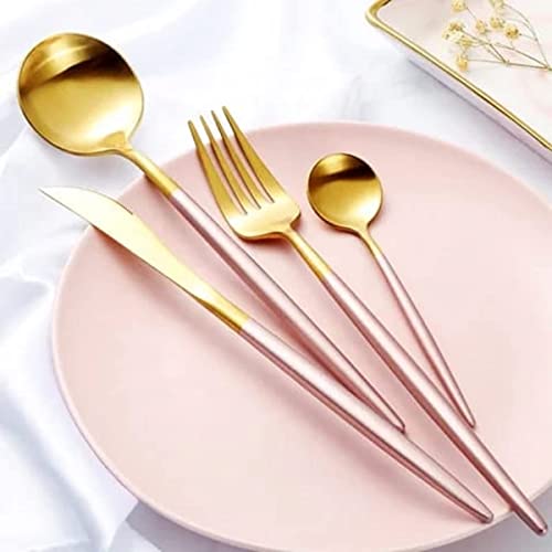 Image of aDai Premium Gold SUS304 Stainless Steel Cutlery Set - 8 Spoons, 4 Fork, 4 Steak Knife - Mirror Finish Dinnerware Flatware (Pink - Set of 16)
