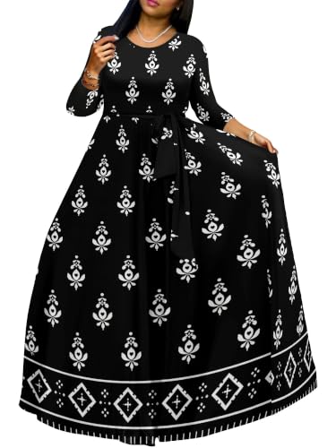 Image of Women Plus Size Long Sleeve V Neck Maxi Dress with Belt | Soft fabric relaxed fit three quarter sleeve v neck with pockets for party and daily wear