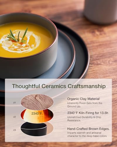 Image of Famiware Nebula Ridge Stoneware Dinnerware Sets with Pasta Bowls, Plates and Bowls Sets, Service for 4 (16 Pieces), Microwave and Dishwasher Safe Kitchen Plates, Multi-color