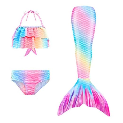 Lito Angels Simbar sjöjungfrusvans, baddräkt för barn, flickor, 3 delar, bikiniset, badkläder, ålder 3–10 år, blå, rosa, lila, grön, B – blandad färg, 6-7 År