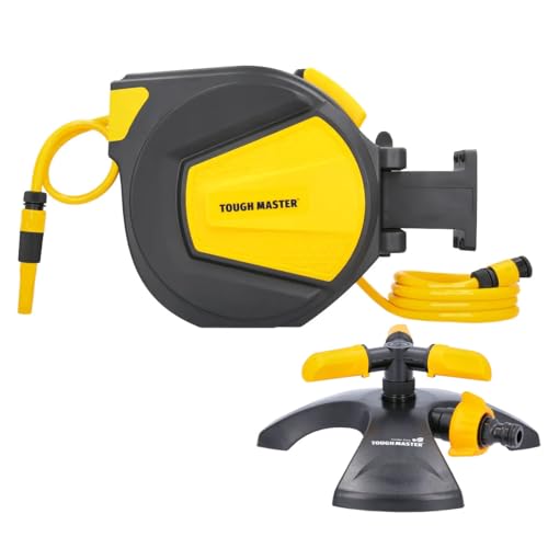 Image of Garden Hose Reel Wall Mounted, 20m Automatic Retractable Tough Master UV Resistant Lightweight Plastic Bracket Reel with Carry Handle, for Car Wash, Outdoor Garden Use (with 3 Arm Sprinkler)