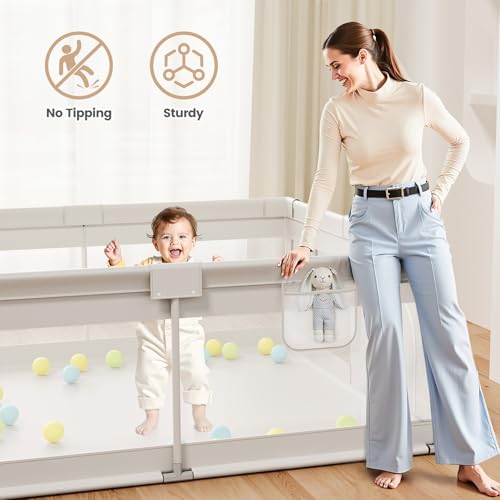 Image of ZEEBABA Extra Large Baby Playpen - Playpen for Babies and Toddlers, Play Pen with Gate, Play Yard Baby Fence Play Area Zone Indoor, Sturdy Kids Play Pin (Gray, 69x59in)