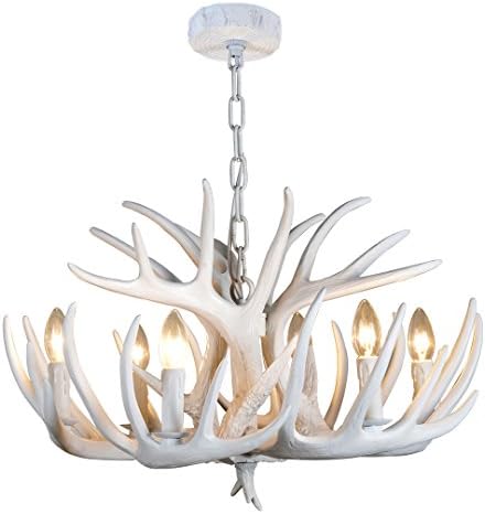 YHF Resin Antler Chandeliers Resin Antler Chandeliers 6 Light 24.4" Diameter 4 Feet Matching Chain(White)