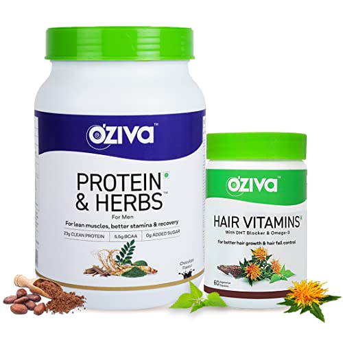 OZiva Protein & Herbs, Men (23g Whey Protein & 5.5g BCAA) for Better Stamina, Chocolate, 1kg & OZiva Hair Vitamins (With DHT Blocker & Omega 3) for Better Hair Growth, 60 Capsules (Combo Pack)
